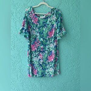 Pappagallo Erica Ruffle Sleeve Floral Green and Pink Dress Medium